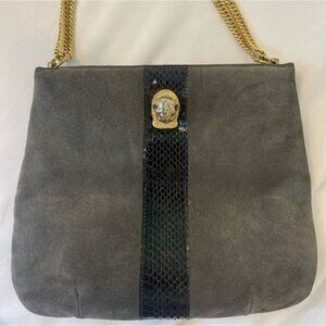 Vintage Ruth Saltz Gray Suede‎ Purse with Panther Head Gold Metal Straps